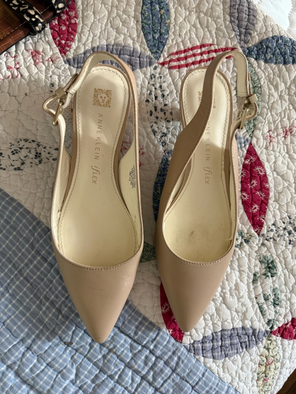 Anne Klein Beige Pointed-Toe Leather Slingback kitten heels